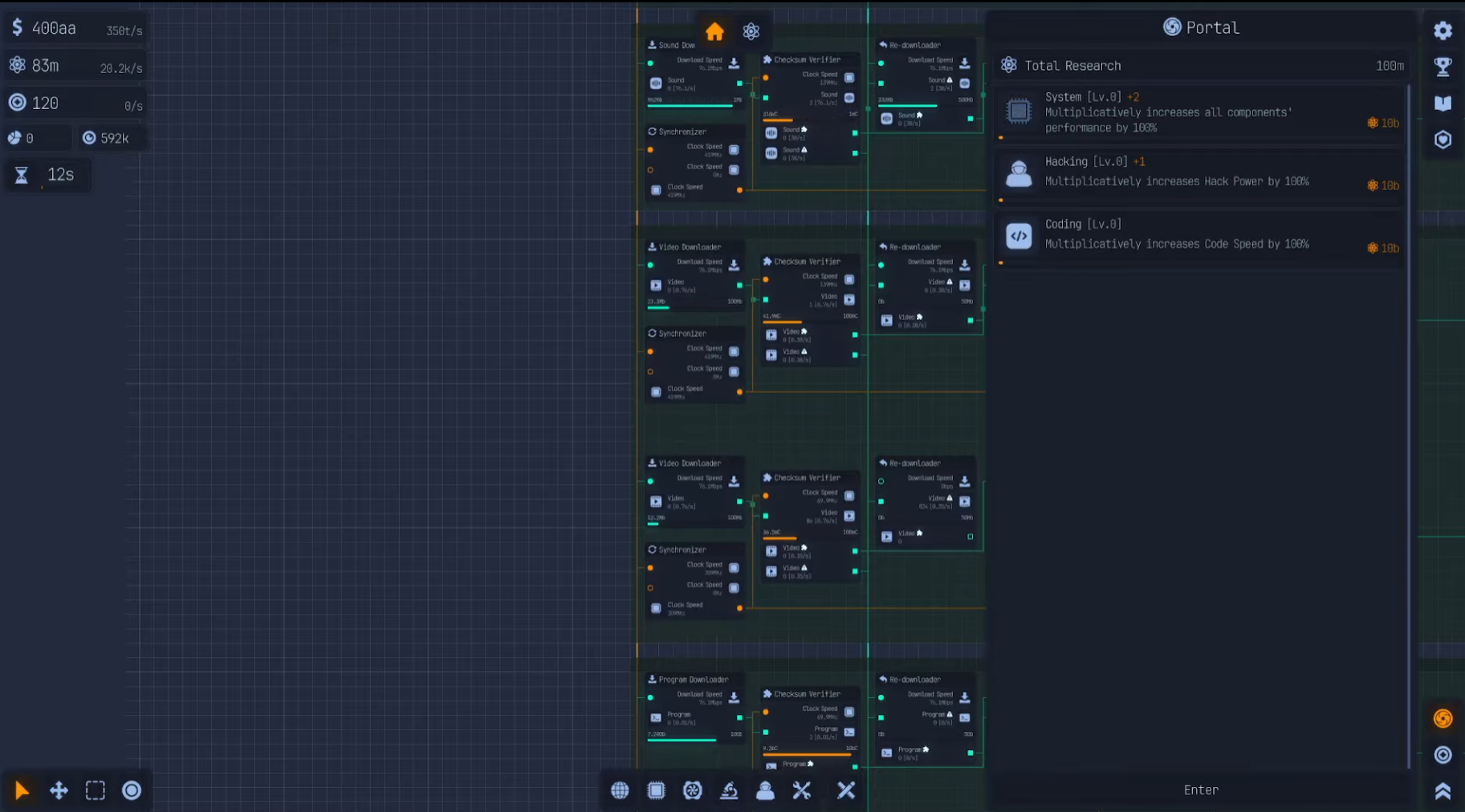 The Portal Interface indicating Systems 2 and Hacking 1 unlocks
